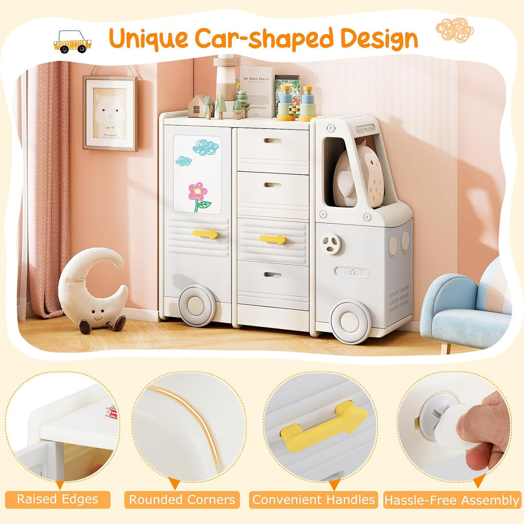 Costzon Kids Toy Storage Organizer, Toy Shelf w/ 4 Pull-Out Drawers, Enclosed Cabinets & Drawing Board, Car-Shaped Kids Bookshelf for Playroom, Toddler Room, Classroom & Nursery
