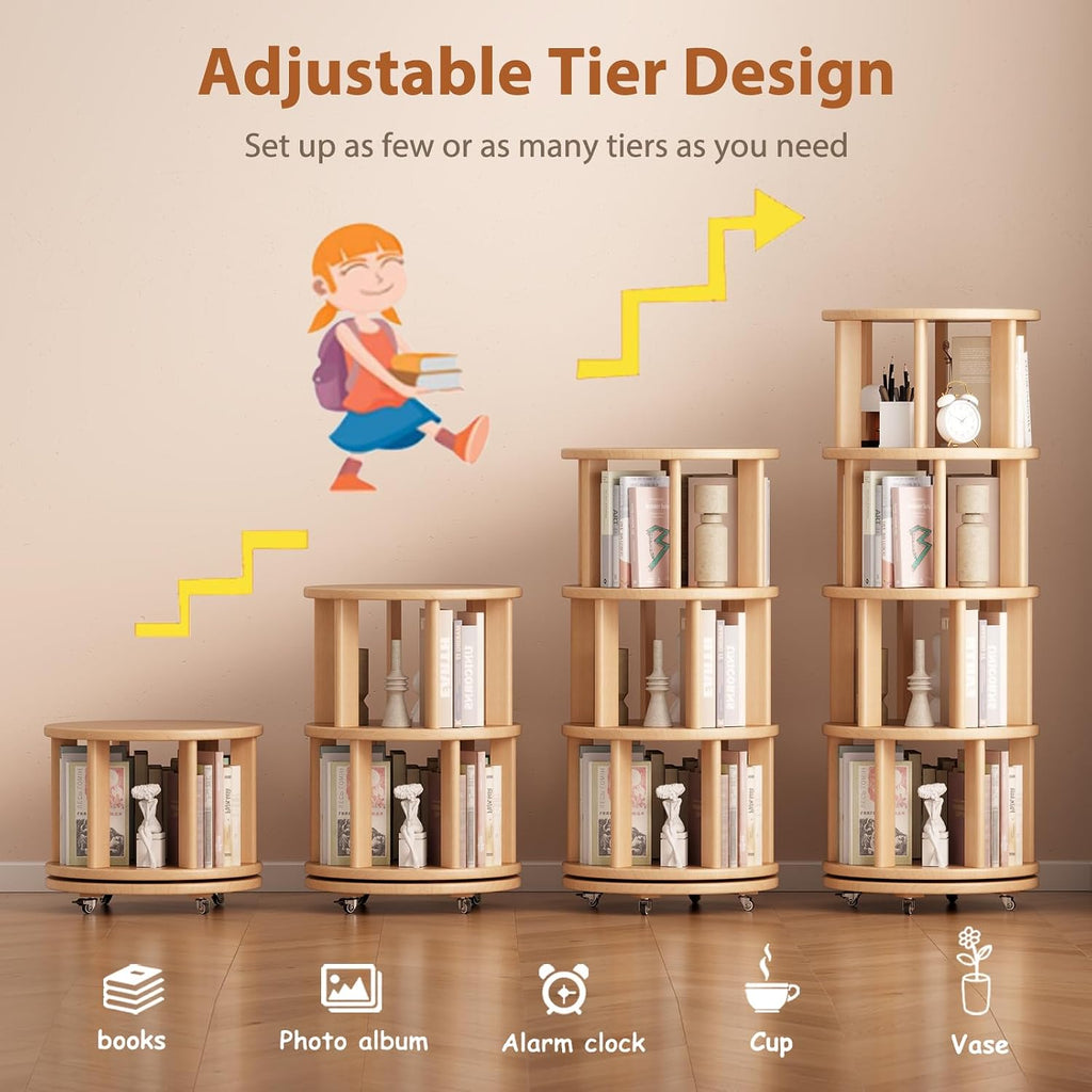 Muwuele Solid Wood Rotating Bookshelf on Wheels, 4 Tier, Round Revolving Bookcase, 360° Spinning Book Shelf Tower for Kids, Narrow Rolling Bookshelves for Small Space, Corner, Bedroom, Office, Natural