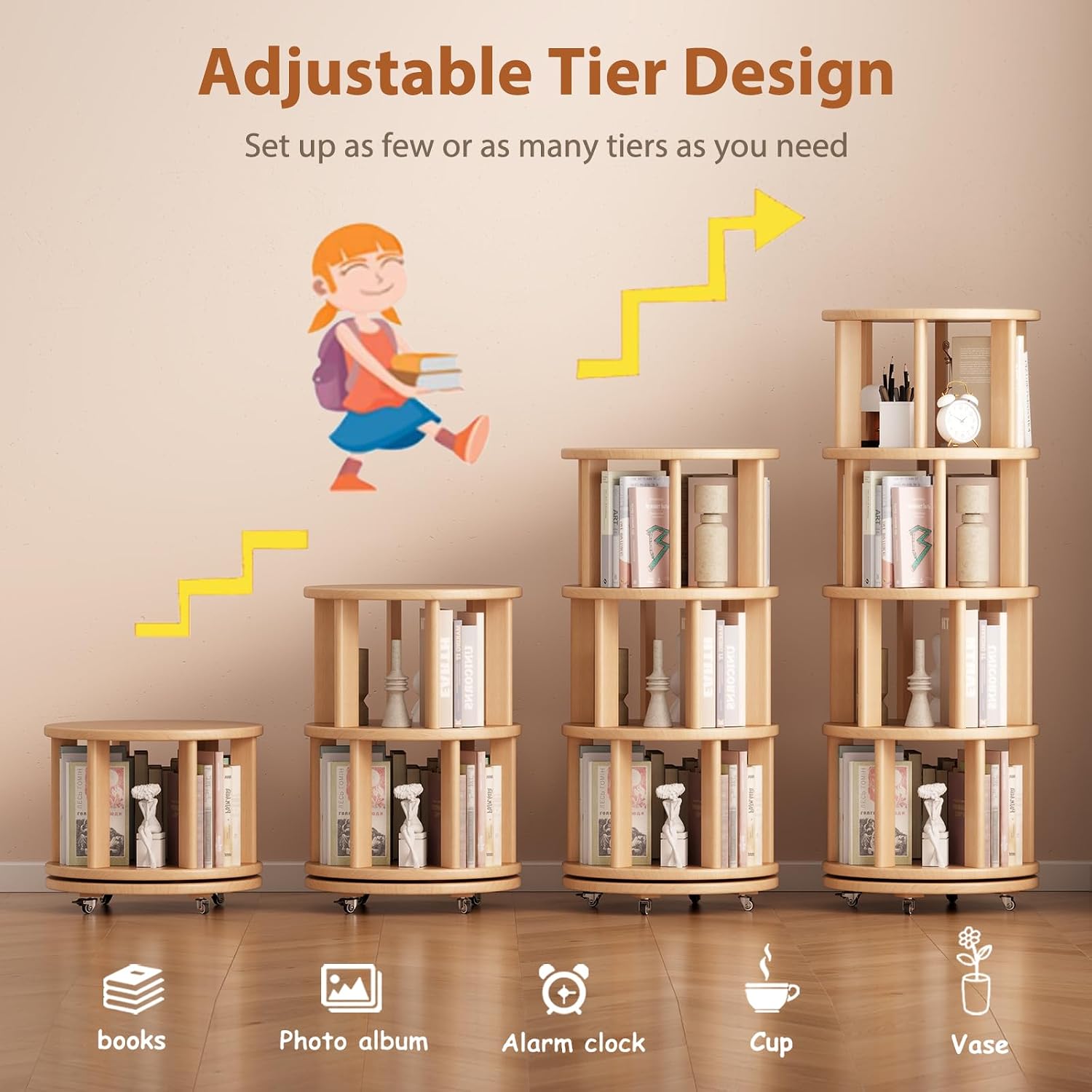 Muwuele Solid Wood Rotating Bookshelf on Wheels, 4 Tier, Round Revolving Bookcase, 360° Spinning Book Shelf Tower for Kids, Narrow Rolling Bookshelves for Small Space, Corner, Bedroom, Office, Natural