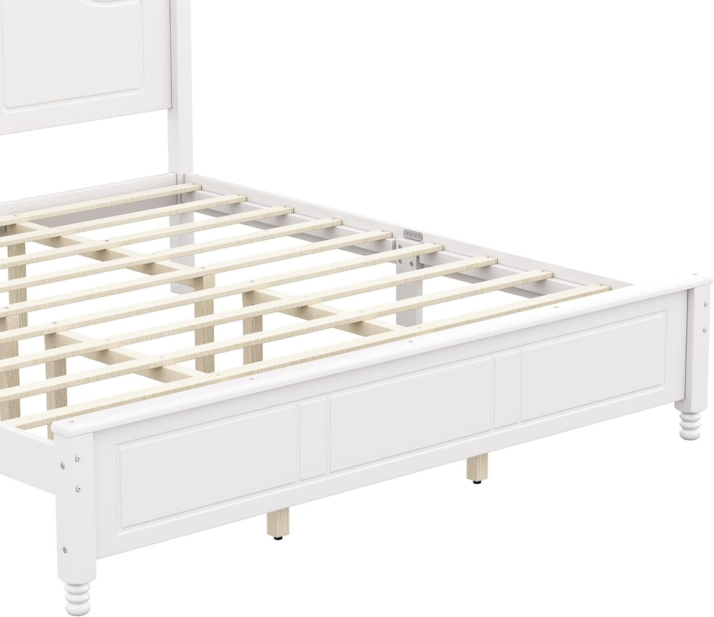 JIVOIT Wood King Bed Frame with Headboard and Footboard, Retro Style Platform Bed with Wooden Slat Support, Solid Wood Foundation, King Size Wooden Bed Frame (White,King Bed, 1)