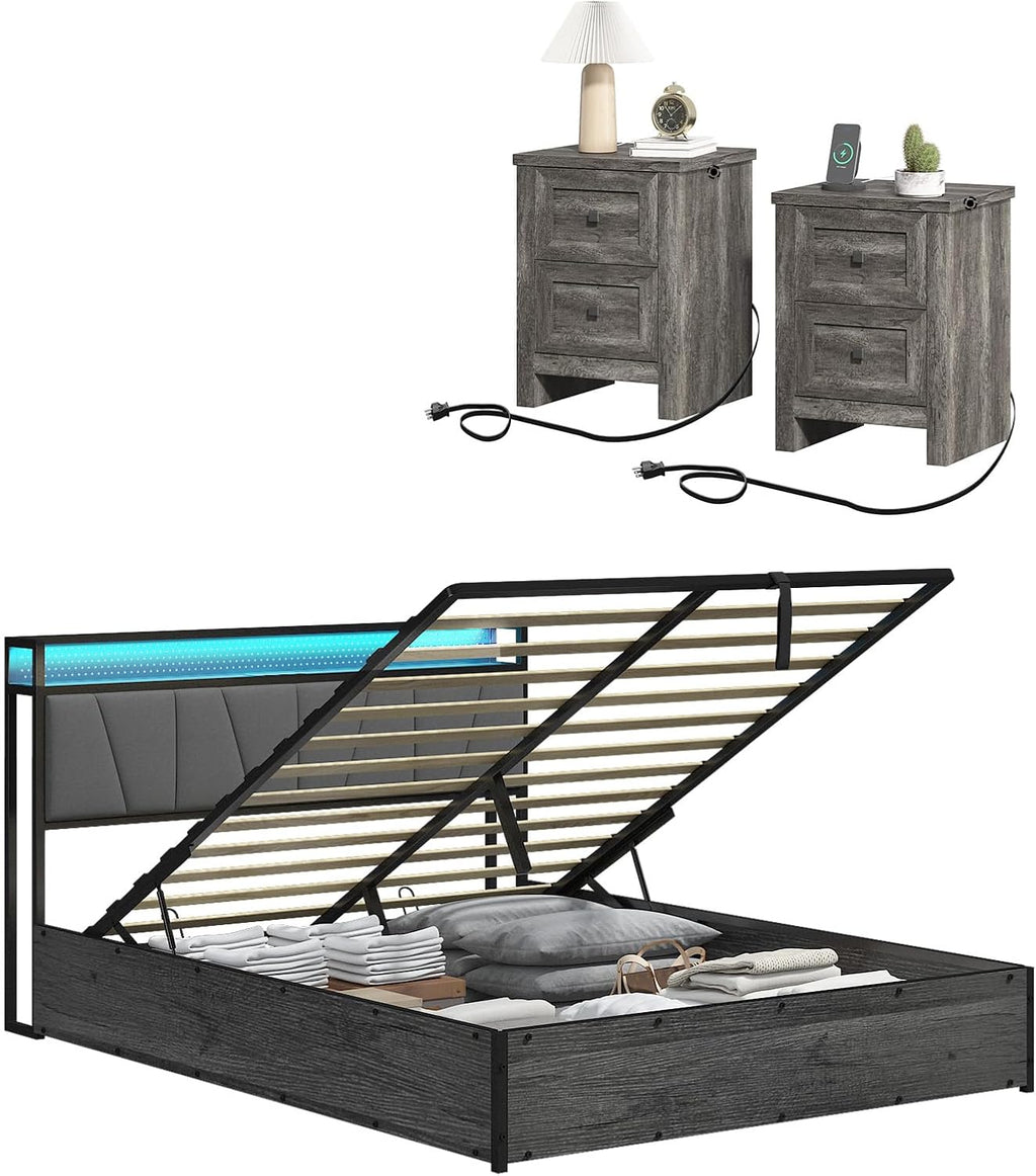 LUXOAK 3 Pieces Farmhouse Bedroom Set, Includes Full Size Lift Up Storage Bed Frame with LED Lights and Linen Upholstered Headboard, Nightstand Set of 2 with Charging Station, Grey