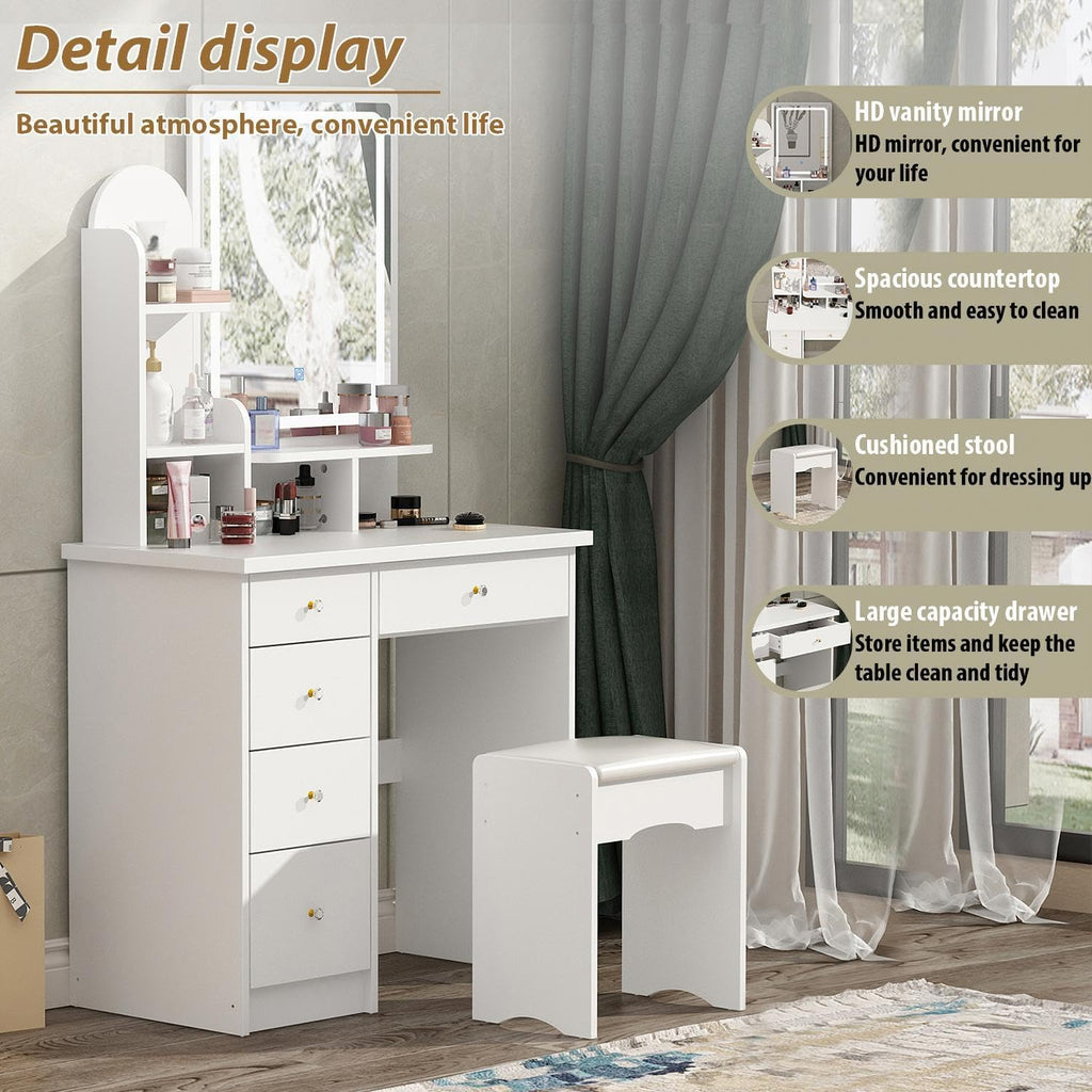 FUFU&GAGA Vanity Desk Set with Lighted Mirror, Makeup Vanity Dressing Table with Shelves & Cushioned Stool, White, 31.5' W x 15.7' D x 55.1' H