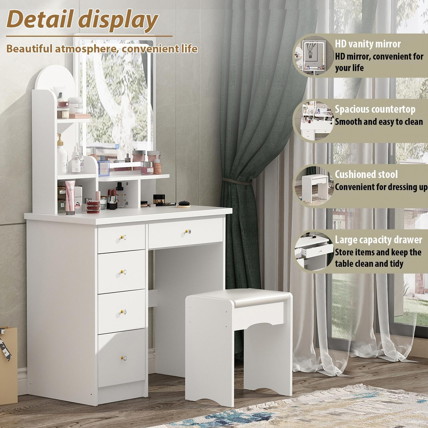FUFU&GAGA Vanity Desk Set with Lighted Mirror, Makeup Vanity Dressing Table with Shelves & Cushioned Stool, White, 31.5' W x 15.7' D x 55.1' H