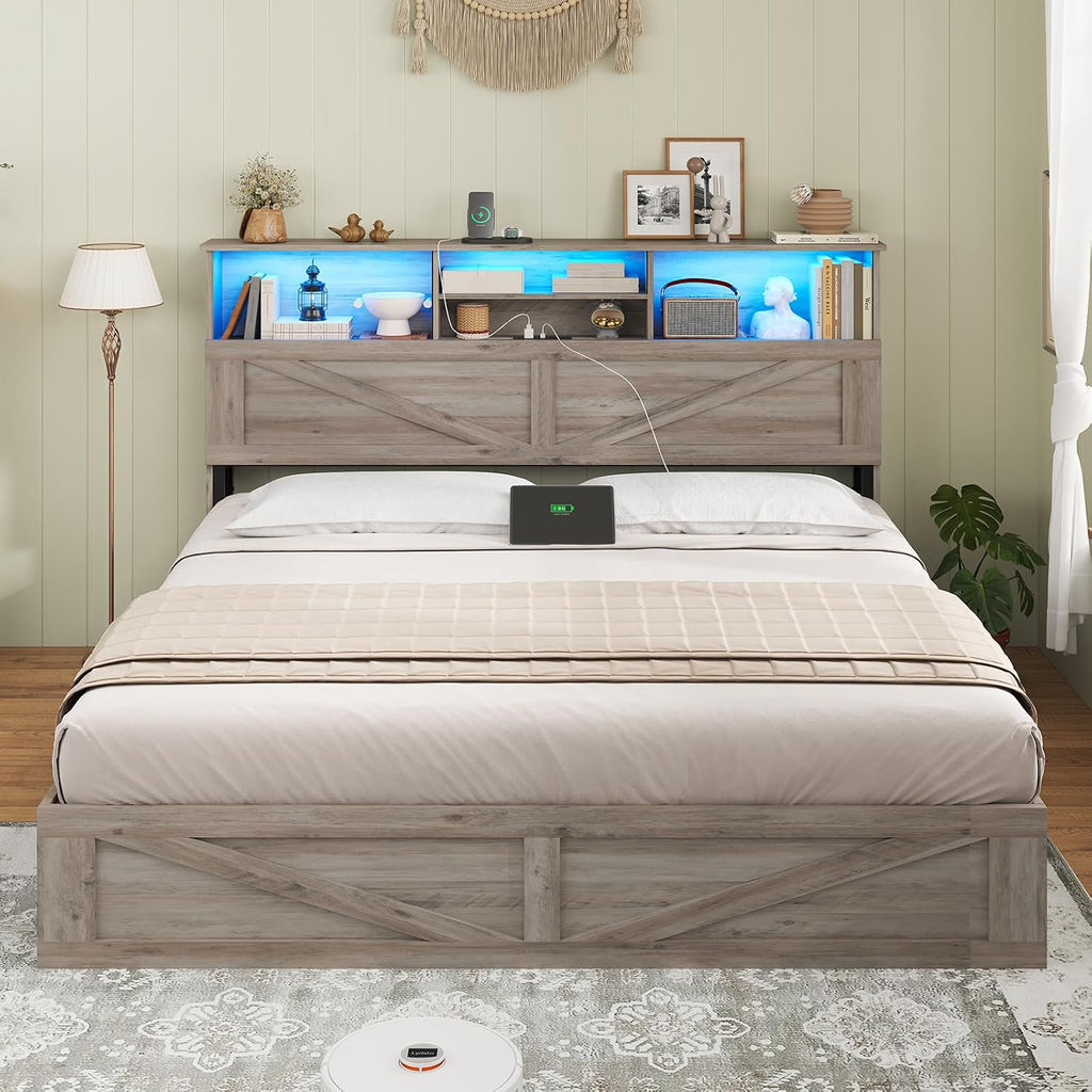 AOGLLATI Farmhouse Full Size Bed Frame with 4 Storage Drawers and Charging Station, Wooden Full Bed Frame with Hidden Space Bookcase Headboard and Led Lights & Metal Slats, Gray