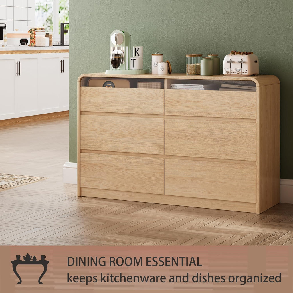Ieejdn 47.2' Dresser with 6 Drawer, Wide Dresser with Recessed Glass Display & Silent Metal Rails, Handleless Chest of Drawers for Clothes, and Bedding, Oak