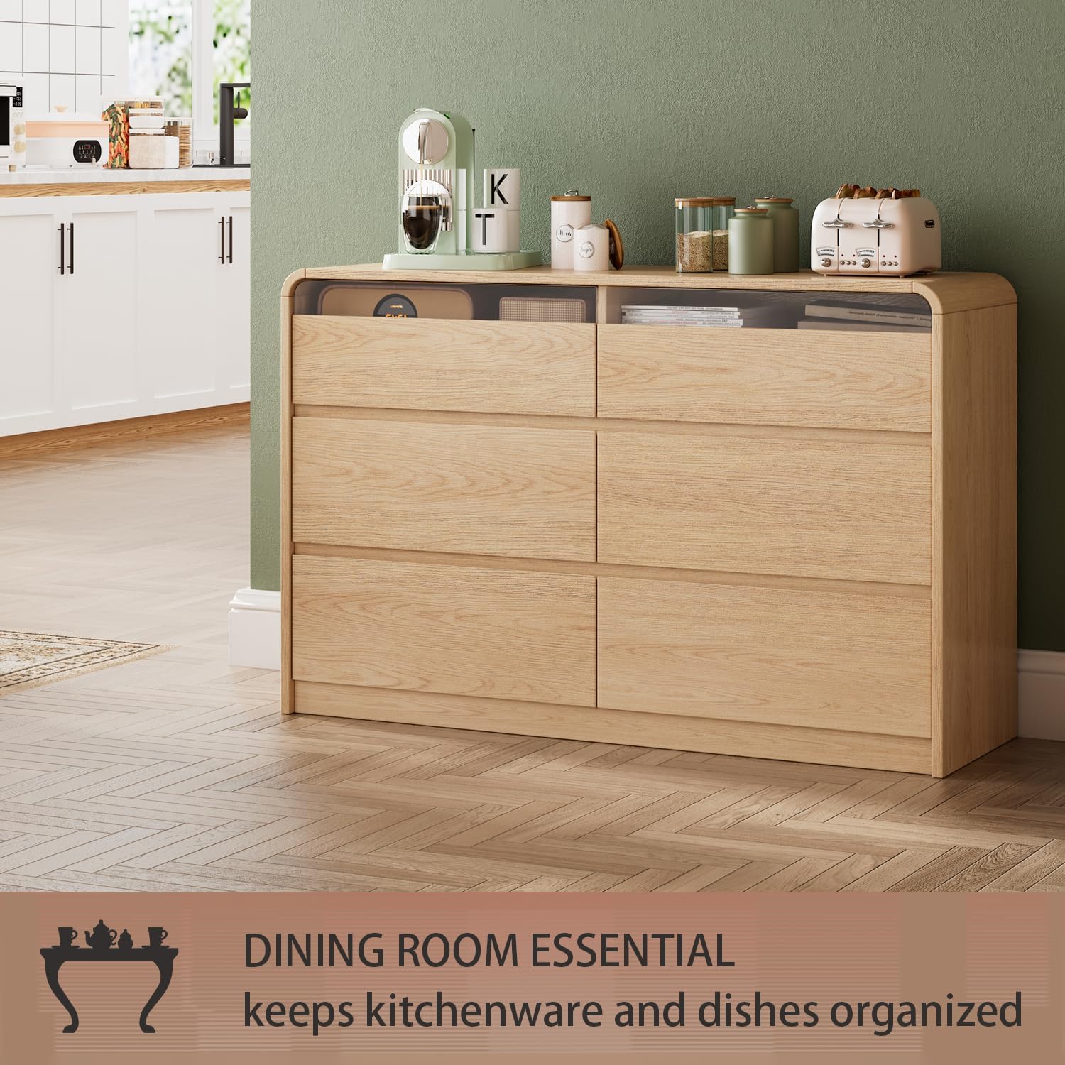 Ieejdn 47.2' Dresser with 6 Drawer, Wide Dresser with Recessed Glass Display & Silent Metal Rails, Handleless Chest of Drawers for Clothes, and Bedding, Oak