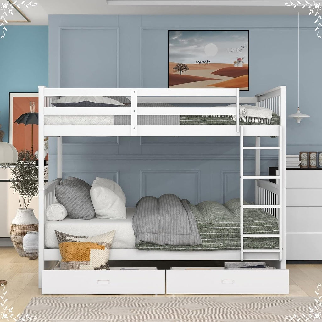 Short Bunk Bed, Full Bed with Drawers White Full Over Full with 2 Drawers Ladder and Rail Guard Solid Wood Slats for Boys and Girls Bedroom