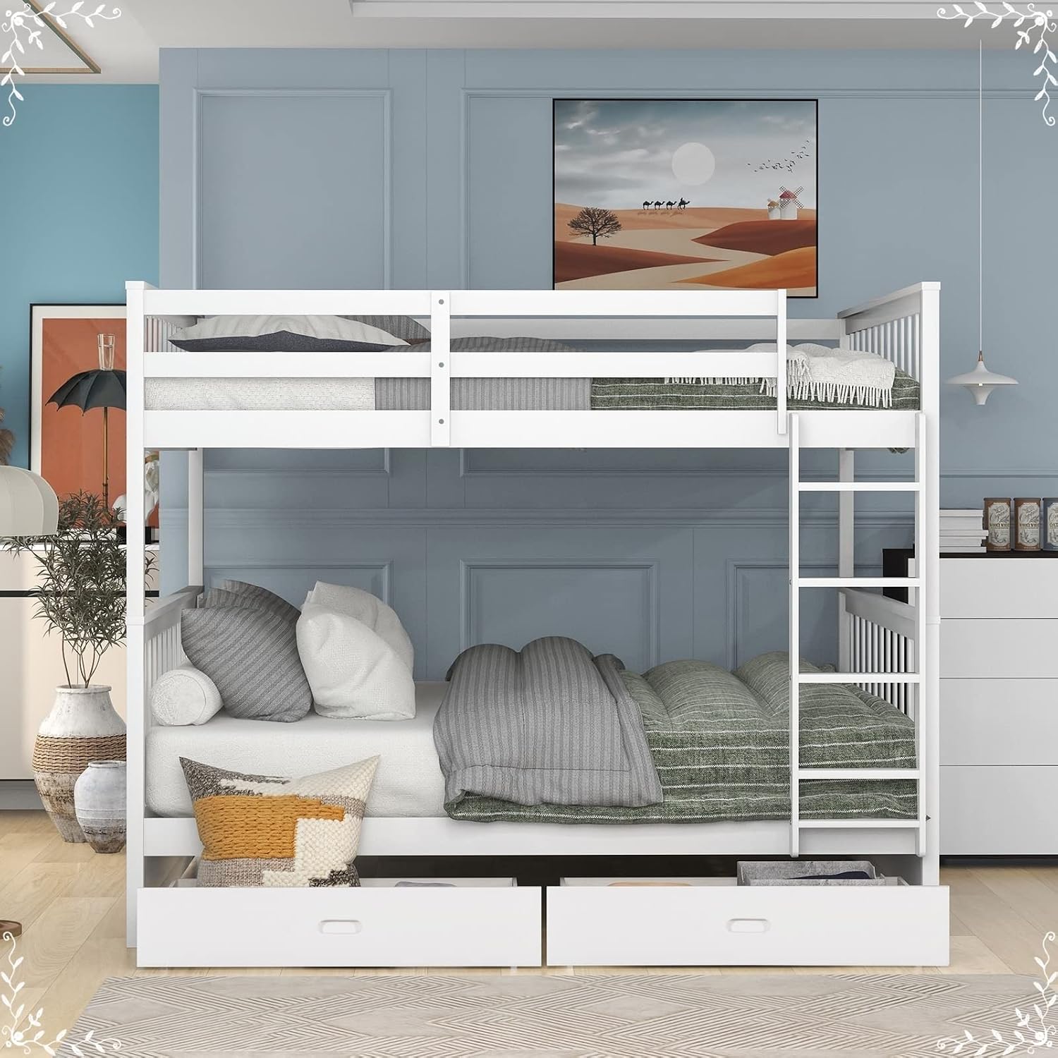 Short Bunk Bed, Full Bed with Drawers White Full Over Full with 2 Drawers Ladder and Rail Guard Solid Wood Slats for Boys and Girls Bedroom