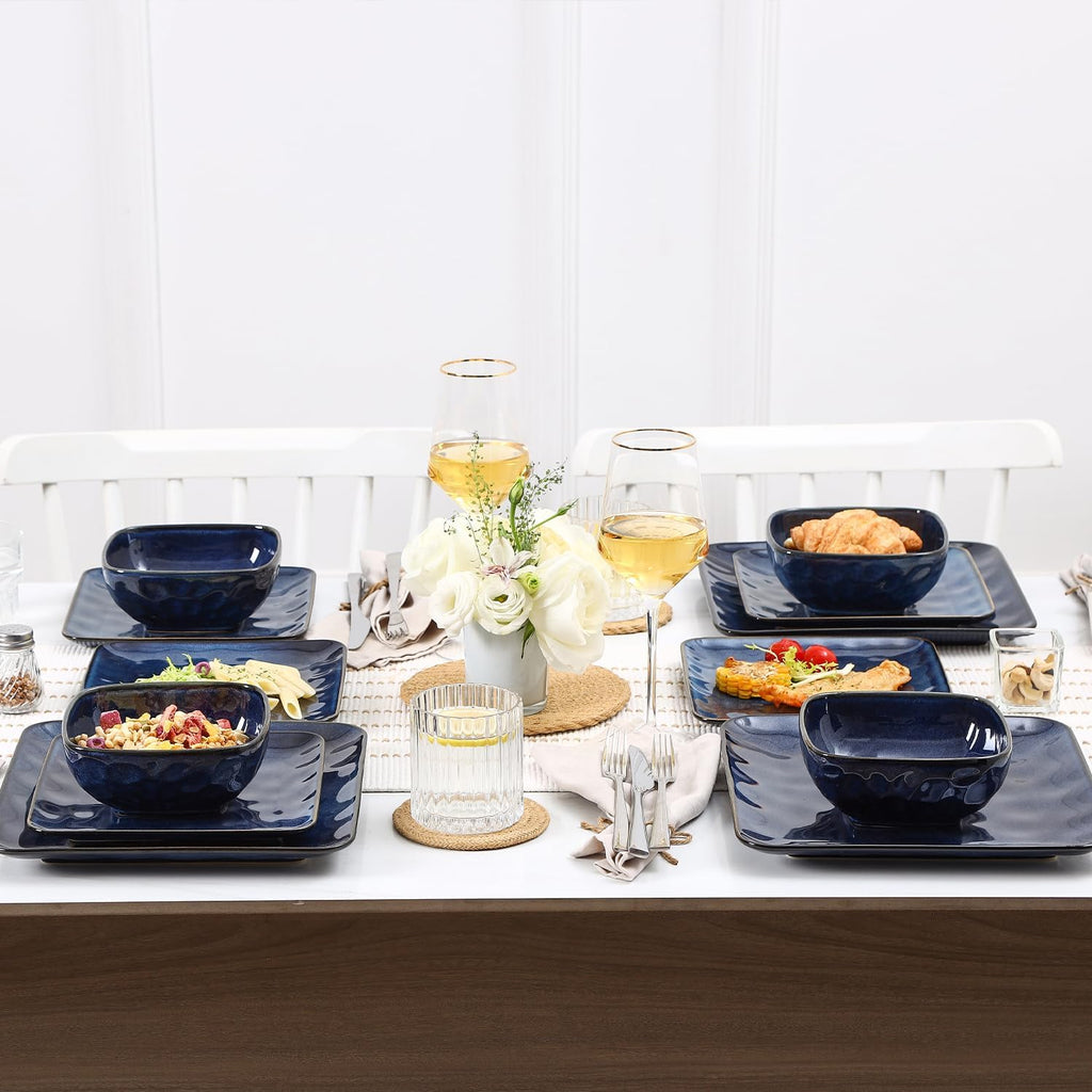 Vicrays Ceramic 18 Pieces Square Dinnerware Set - Dinner Plates Salad Plates Cereal Bowls Set Service for 6 - Scratch Resistant Microwave Oven Dishwasher Safe - Blue