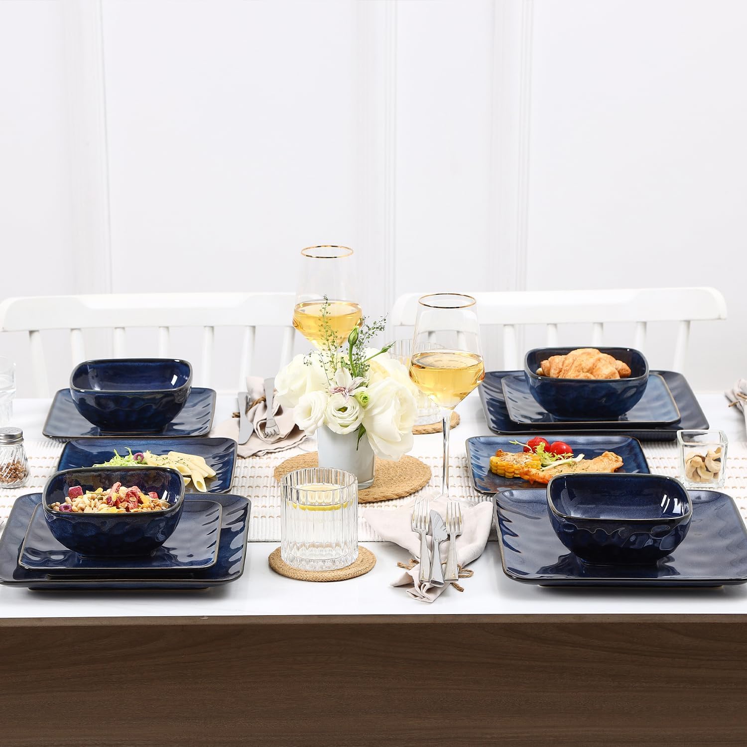 Vicrays Ceramic 24 Pieces Square Dinnerware Set - Dinner Plates Salad Plates Cereal Bowls Set Service for 8 - Scratch Resistant Microwave Oven Dishwasher Safe - Blue