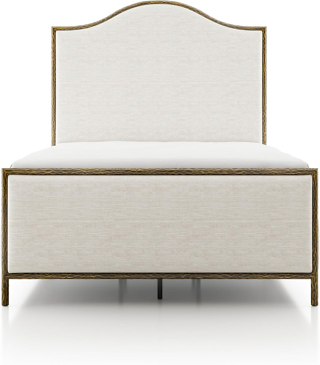 24/7 Shop at Home Lalia Hammered Metal 3-Piece Bedroom Collection, Upholstered Bed Frame with Camelback Headboard, Forged Steel and Curved Nightstands, Foundation Required, Full, Matte Gold