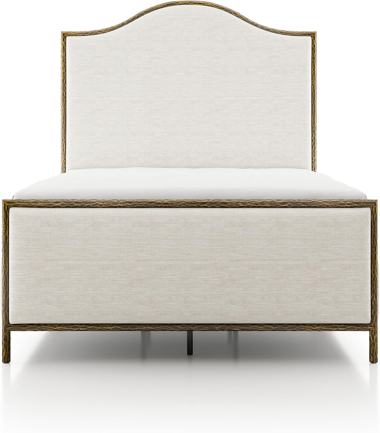 24/7 Shop at Home Lalia Hammered Metal 3-Piece Bedroom Collection, Upholstered Bed Frame with Camelback Headboard, Forged Steel and Curved Nightstands, Foundation Required, Full, Matte Gold