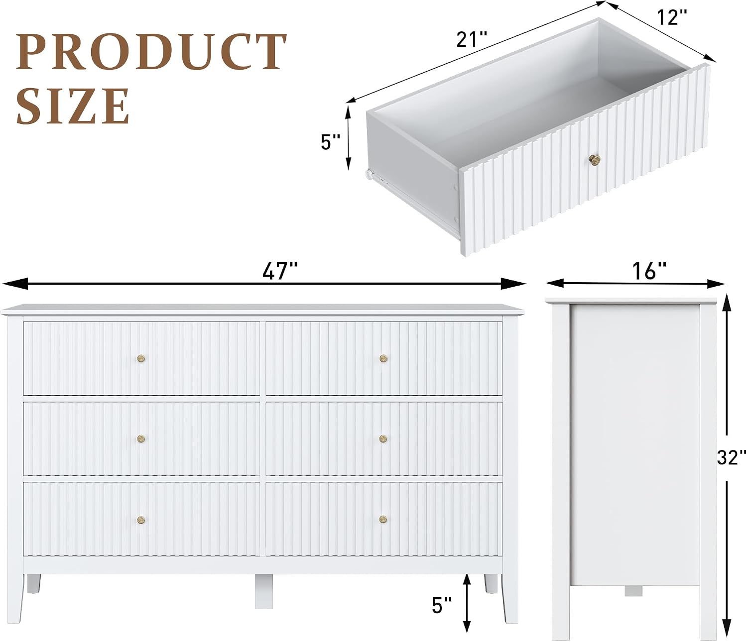 RoyalCraft White 6 Drawer Dresser for Bedroom, Fluted Painted Wood Chest of Drawers, Modern TV Stand Storage Cabinet for Living Room, Entryway, 47' W x 16' D x 32' H
