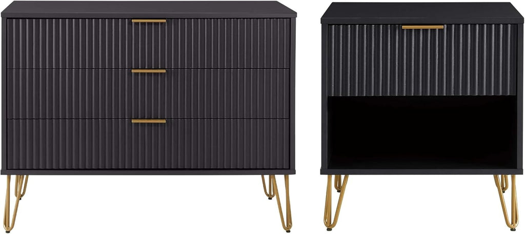 Manhattan Comfort Dumbo 2 Piece Modern Set, 3 Drawer Dresser & 1 Drawer Nightstand with Fluted Ribbed Front, Gold Metal Legs, No Tool Assembly, Storage Cabinet for Bedroom or Living Room in Black