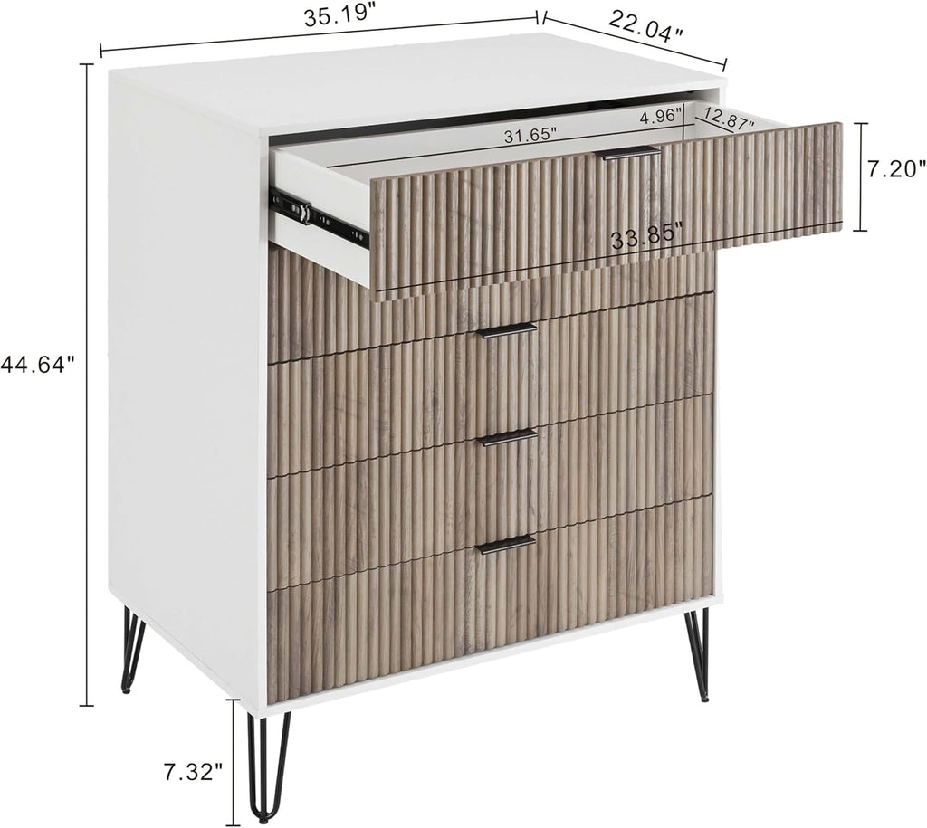 Manhattan Comfort Dumbo 3-Piece Modern Dresser Drawer and Nightstand Set, Tall and Standard - Vertical Ribbed Design - No Tool Assembly Storage for Bedroom & Living Room, White/Grey