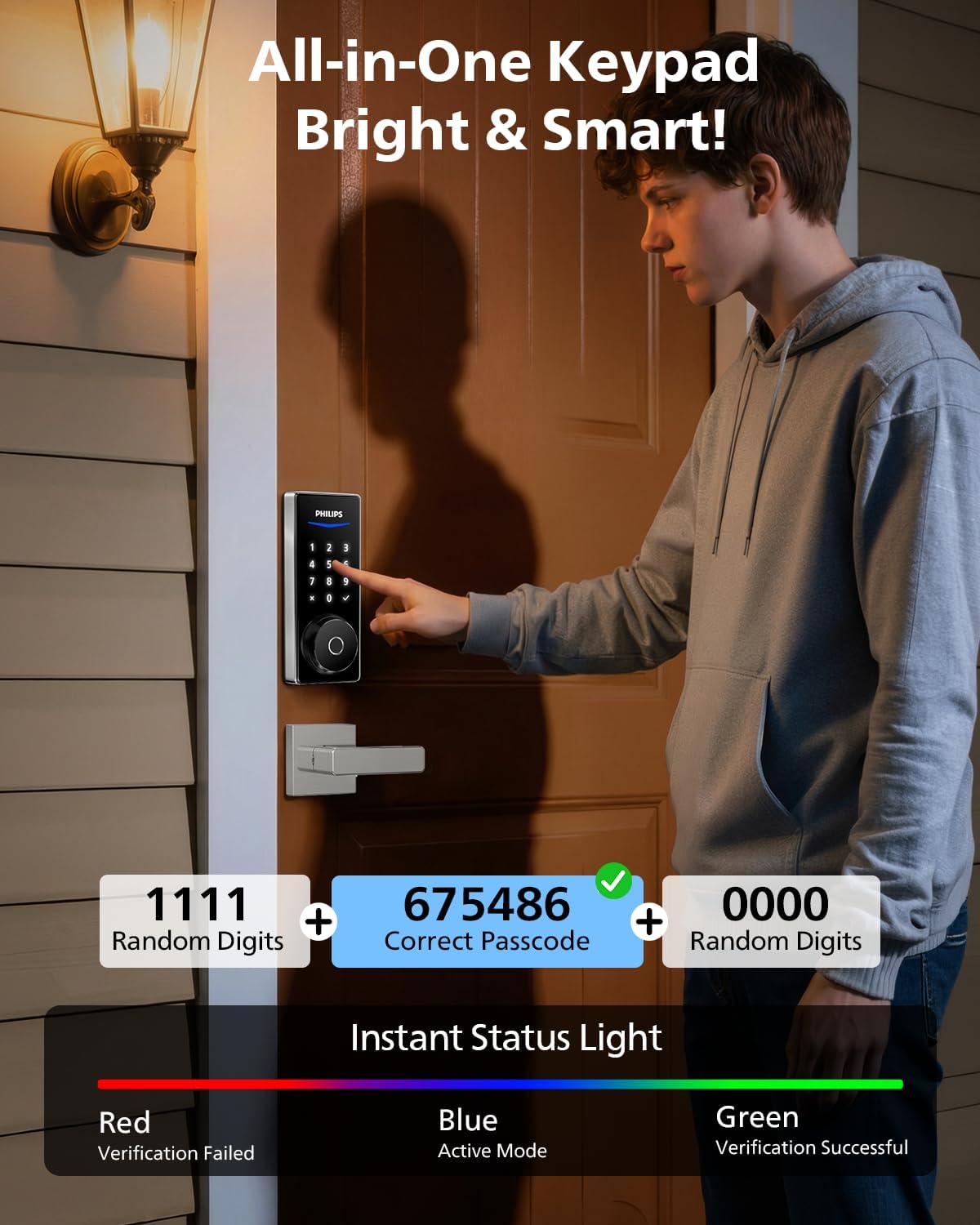 Philips Wi-Fi Smart Lock with Handles, Built-in WiFi Keyless Entry Front Door Lock Set, Keypad Deadbolt with Handle, App Fingerprint Code Unlock, Auto Locking, Remote Control & Voice Unlock, Nickel