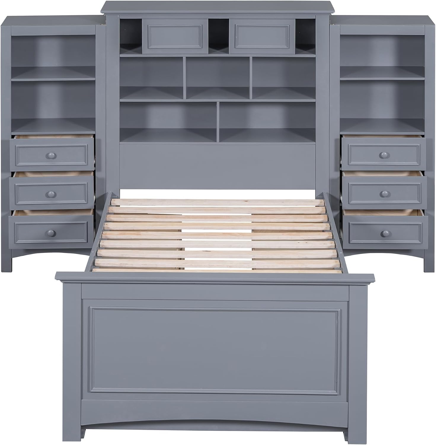 Twin Size Platform Bed with All-in-One Vertical Cabinet Bookcase, Solid Wood Captain's Bed Platform Bed Frame with 4 Drawers on Each Side, Storage Headboard (Grey-A)