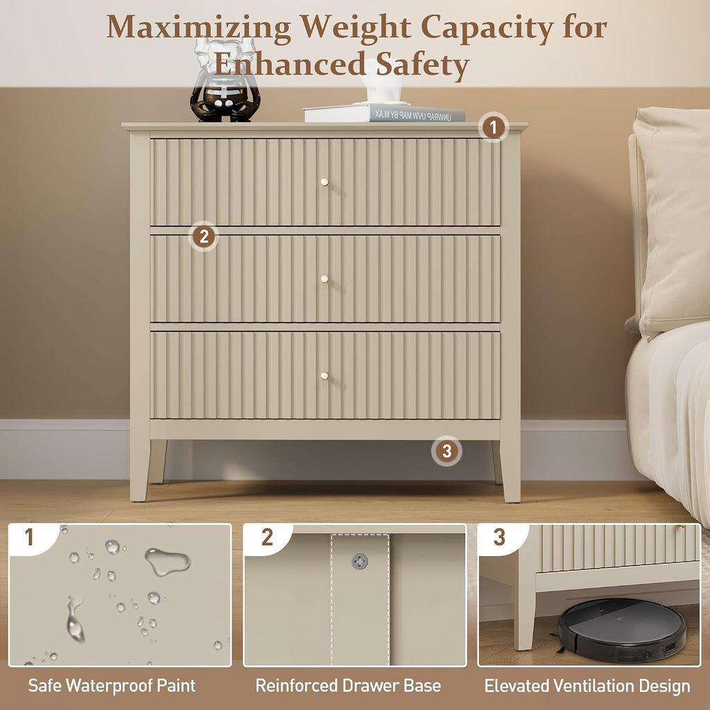 RoyalCraft Large 3 Drawer Dresser Set of 2, Fluted Wood Drawers for Bedroom, Modern Painted 30 inch Wide Nightstand for Bedroom, Entryway, Beige