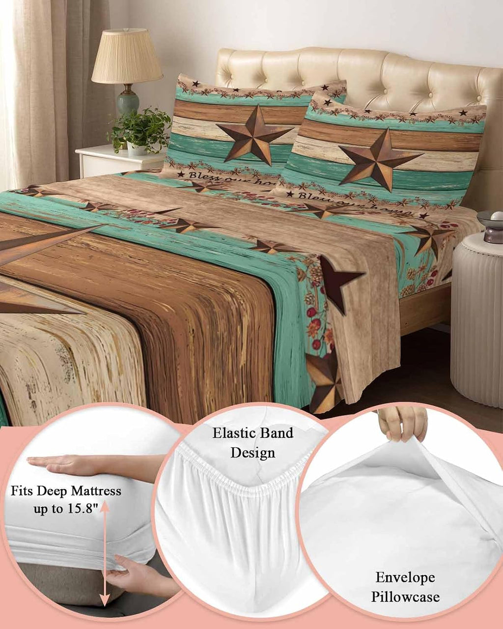 Western Texas Star Retro Cal King Sheet Set 4 Piece Bedding - Vintage Farmhouse Brown Teal Wooden Breathable Comfy Cooling Bed Sheets & Pillowcase Sets, Hotel Flat Sheets Deep Pockets Fitted Sheet