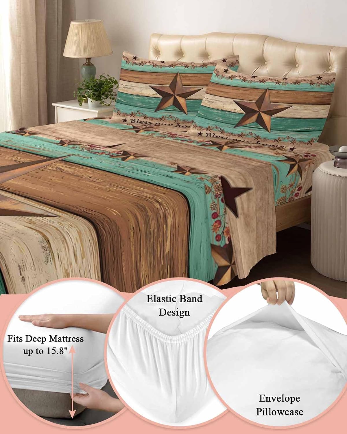 Western Texas Star Retro Cal King Sheet Set 4 Piece Bedding - Vintage Farmhouse Brown Teal Wooden Breathable Comfy Cooling Bed Sheets & Pillowcase Sets, Hotel Flat Sheets Deep Pockets Fitted Sheet