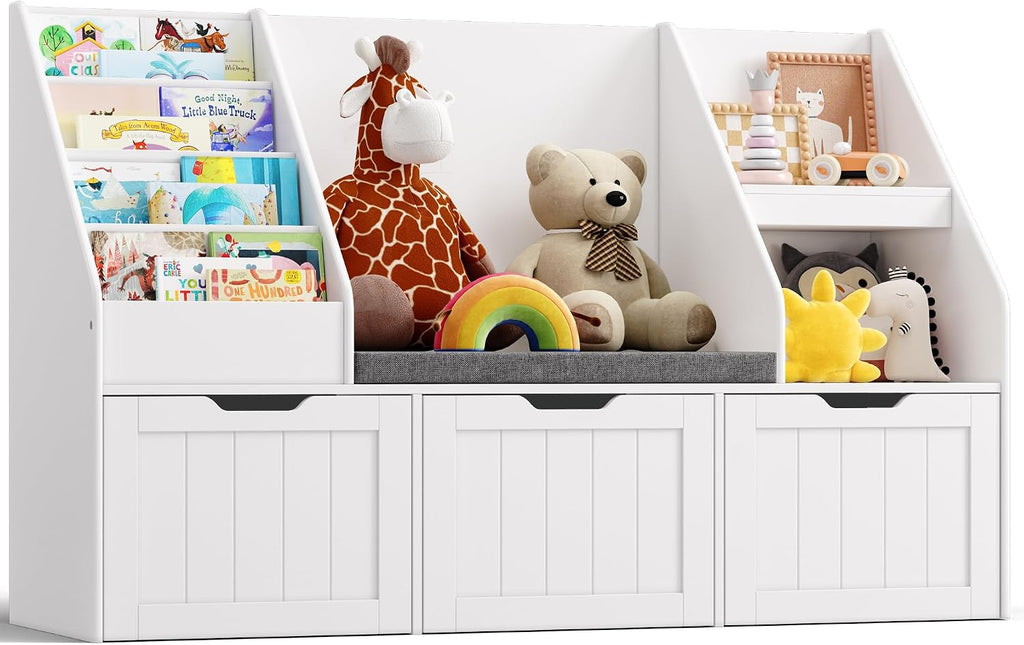 Gizoon Kids Toy Storage Organizer with Reading Nook, Kids Bookshelf with 3 Movable Drawers, Kids Reading Nook with Bench for Kidsroom Playroom and Bedroom, White, Painted