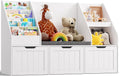 Gizoon Kids Toy Storage Organizer with Reading Nook, Kids Bookshelf with 3 Movable Drawers, Kids Reading Nook with Bench for Kidsroom Playroom and Bedroom, White, Painted