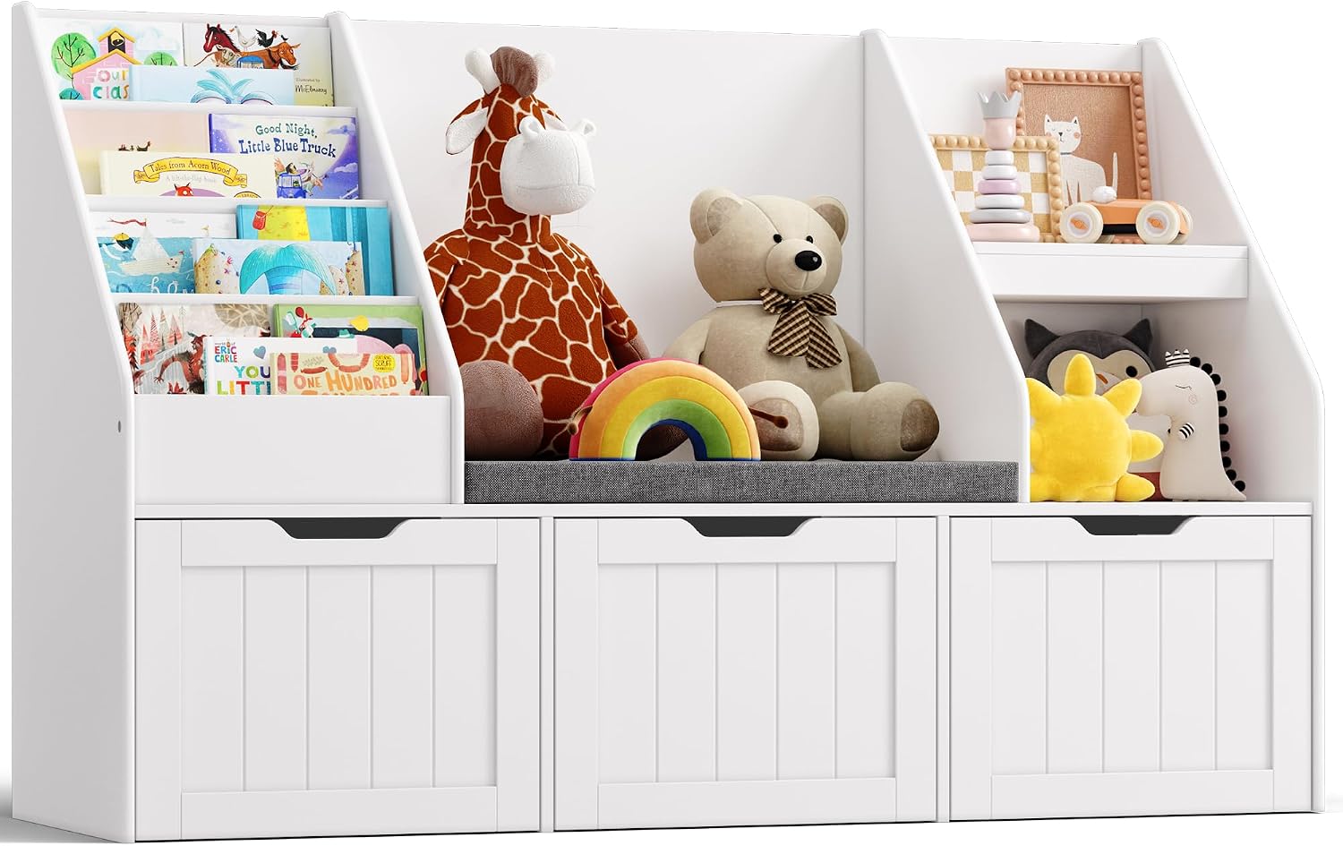Gizoon Kids Toy Storage Organizer with Reading Nook, Kids Bookshelf with 3 Movable Drawers, Kids Reading Nook with Bench for Kidsroom Playroom and Bedroom, White, Painted