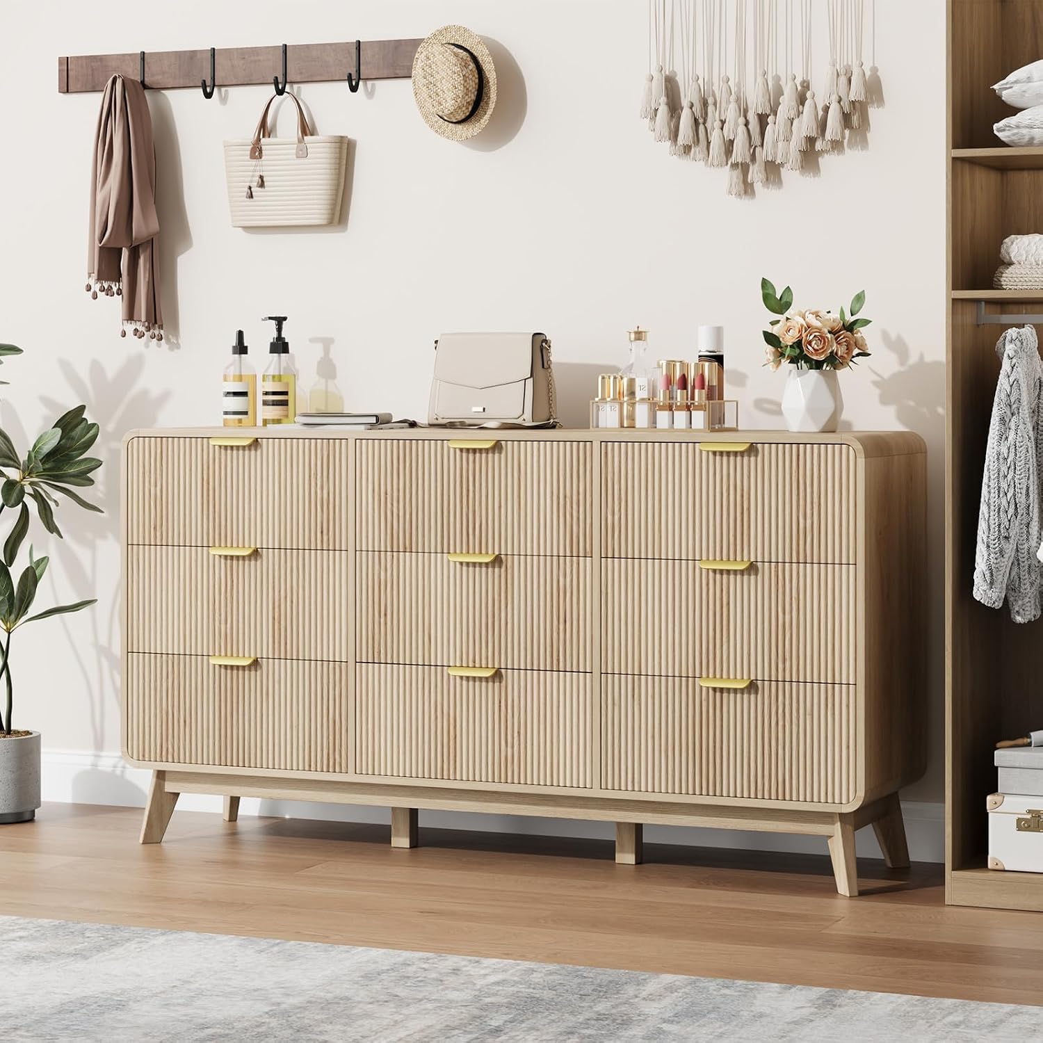 QUW Fluted 59.1' Wide Modern Dresser for Bedroom with 9 Drawers, Tall Chest of Drawers with Metal Handle, Wooden Dresser TV Stand, Hallway, Living Room, Natural Oak