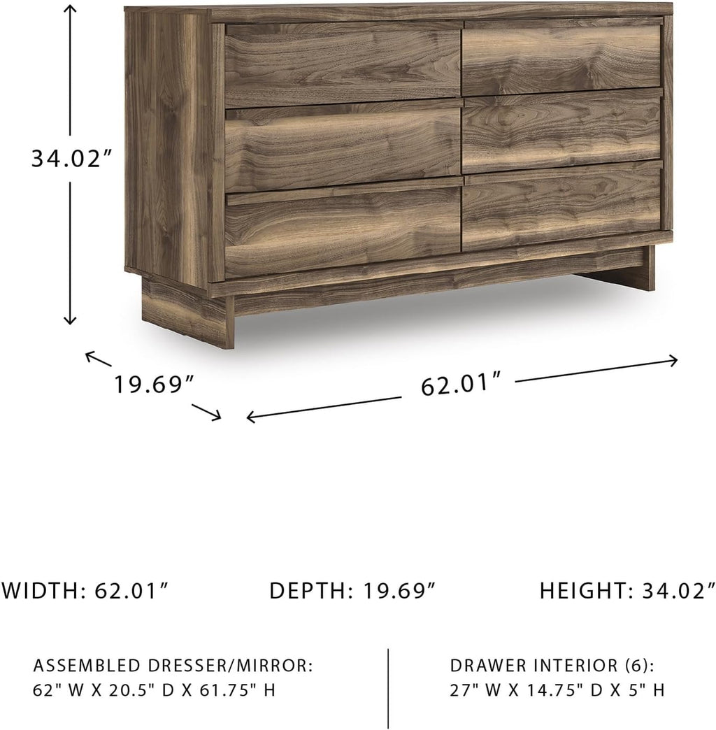 Signature Design by Ashley Darcalli Retro 6 Drawer Dresser with Easy Glide and Safety Stop, Brown