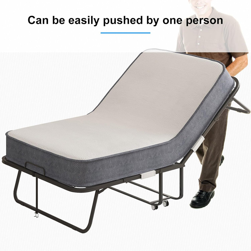 PUREMIND Folding Bed with Mattress for Adults, Portable Rollaway Guest Beds with 5' Memory Foam Mattress & Metal Frame, Twin Size Foldable Beds Fold Away Bed Space Saving