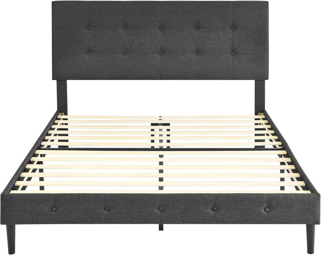 Decoro Cambridge Upholstered Wooden Platform Bed Frame, Queen Size, Dark Grey