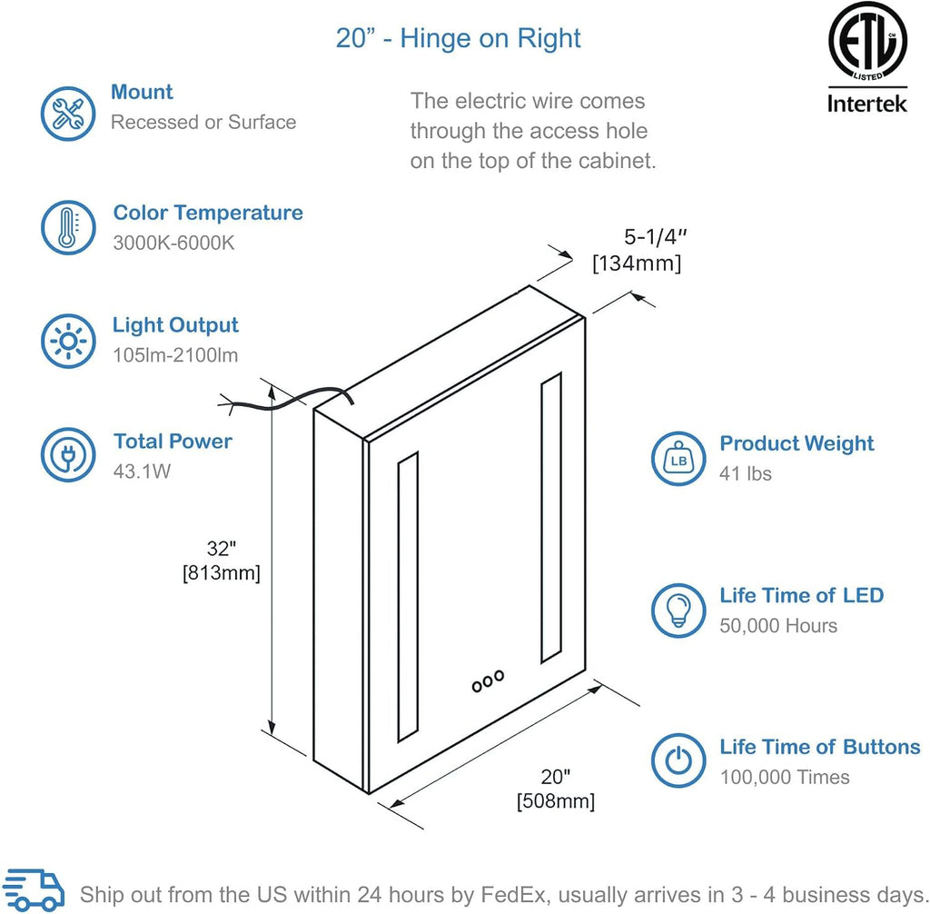 Blossom 20x32 LED Medicine Cabinet with Outlets - High CRI 90+ Vanity Mirror with Lights - Recessed or Surface Mount Bathroom Storage, Blum Hinges, Fogless, ETL Certified