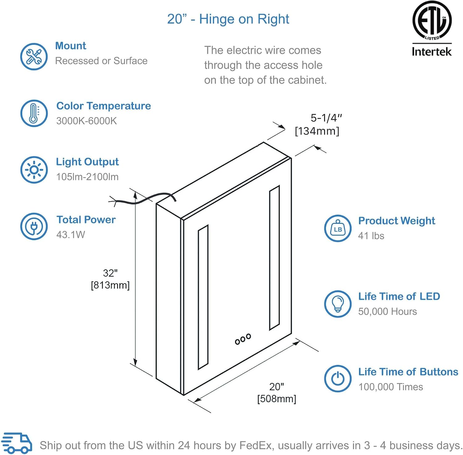 Blossom 20x32 LED Medicine Cabinet with Outlets - High CRI 90+ Vanity Mirror with Lights - Recessed or Surface Mount Bathroom Storage, Blum Hinges, Fogless, ETL Certified