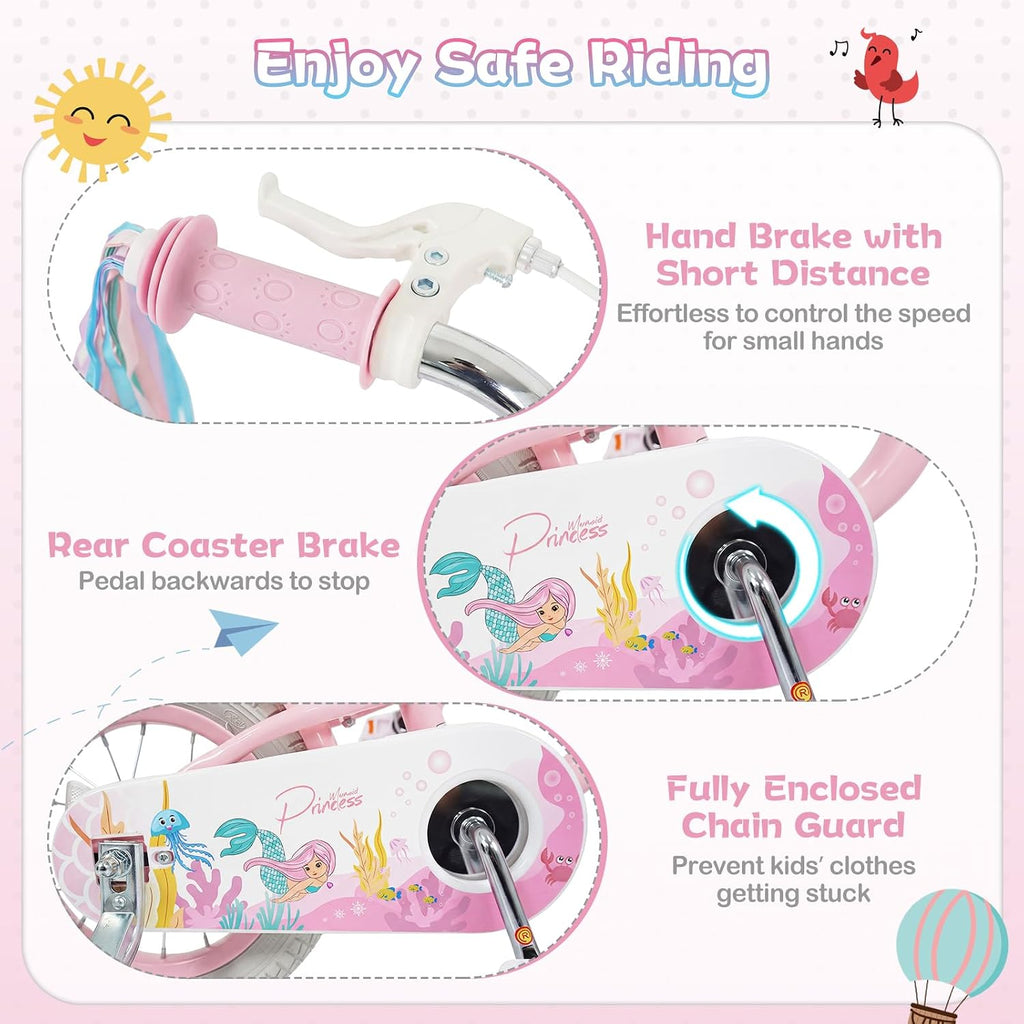 HONEY JOY Kids Bike, 12 14 16 18 Inch Girls Bike w/Training Wheels, Streamers, Basket, Handbrake & Coaster Brake, Fully Enclosed Chain, Mermaid Princess Children Bike for 3-8 Years Old