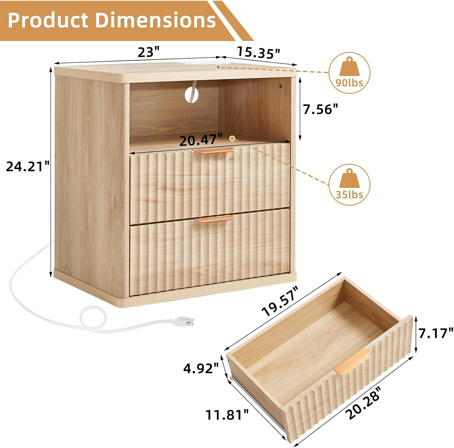 LEYAOYAO Fluted Nightstand with Charging Station, 23' Wide 2 Drawers End Table, Natural Night Stand with Open Storage Cabinet, Farmhouse Bed Side Tables, Wood Dresser for Bedroom, Living Room, Closet