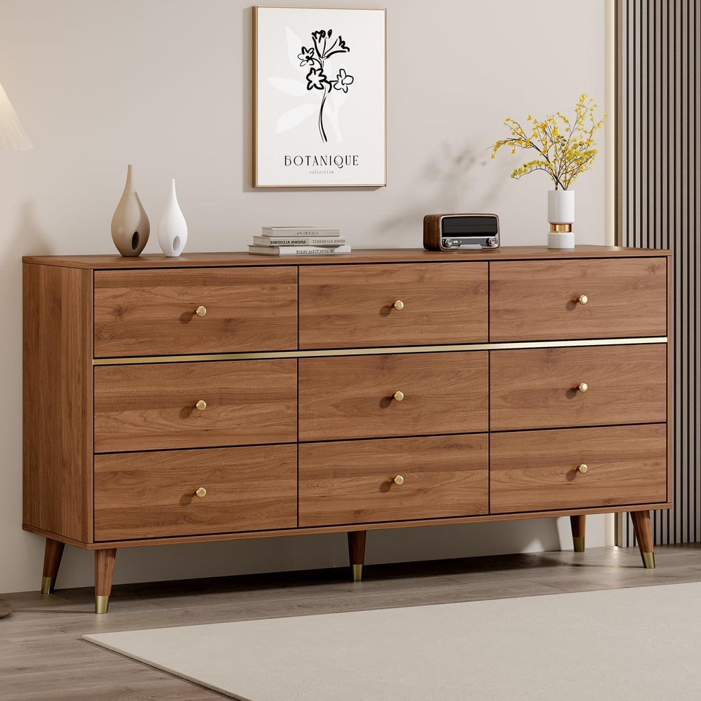 Chrangmay 9 Drawer Dresser,63' Wide Mid Century Modern Chest of Drawers,Wooden Bedroom Drawer Dresser with 9 Storage Drawers for Bedroom, Living Room,with Anti-Tipping Device,Brown