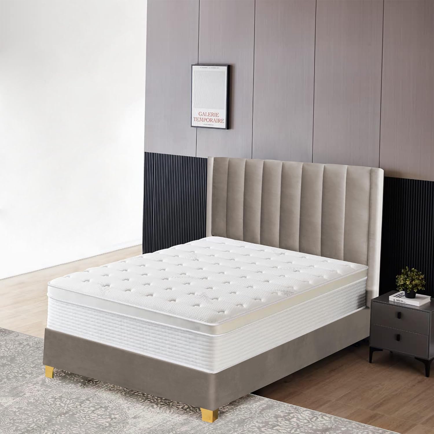 Greaton, Suede Upholstered Bed Frame, Decorative Attractive Headboard, Long Lasting Durable, Includes 3 Color Legs to Choose Gold, Silver and Black, 48-Inch, Taupe