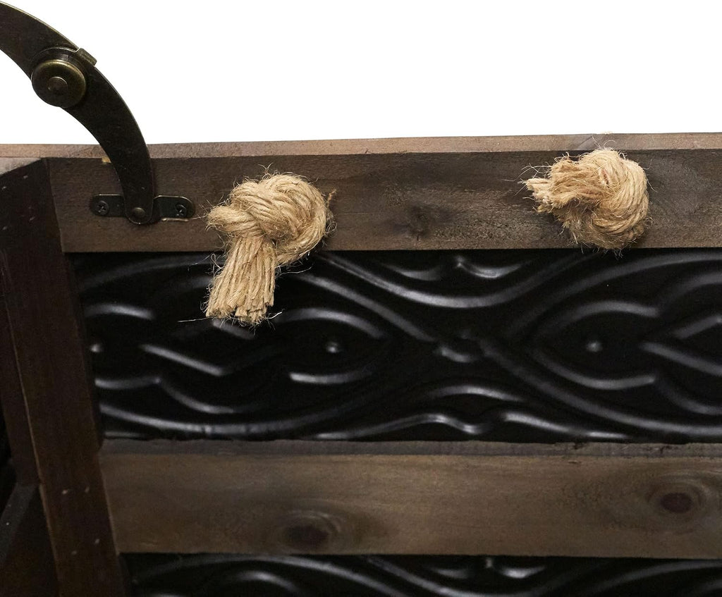 Household Essentials Decorative Trunk, Embossed Metal, Small, Chinese Fir Wood, Darkened Interior, Rope Handles, Flat and Fully Opening Lid, Handmade, Walnut and Almond Stain