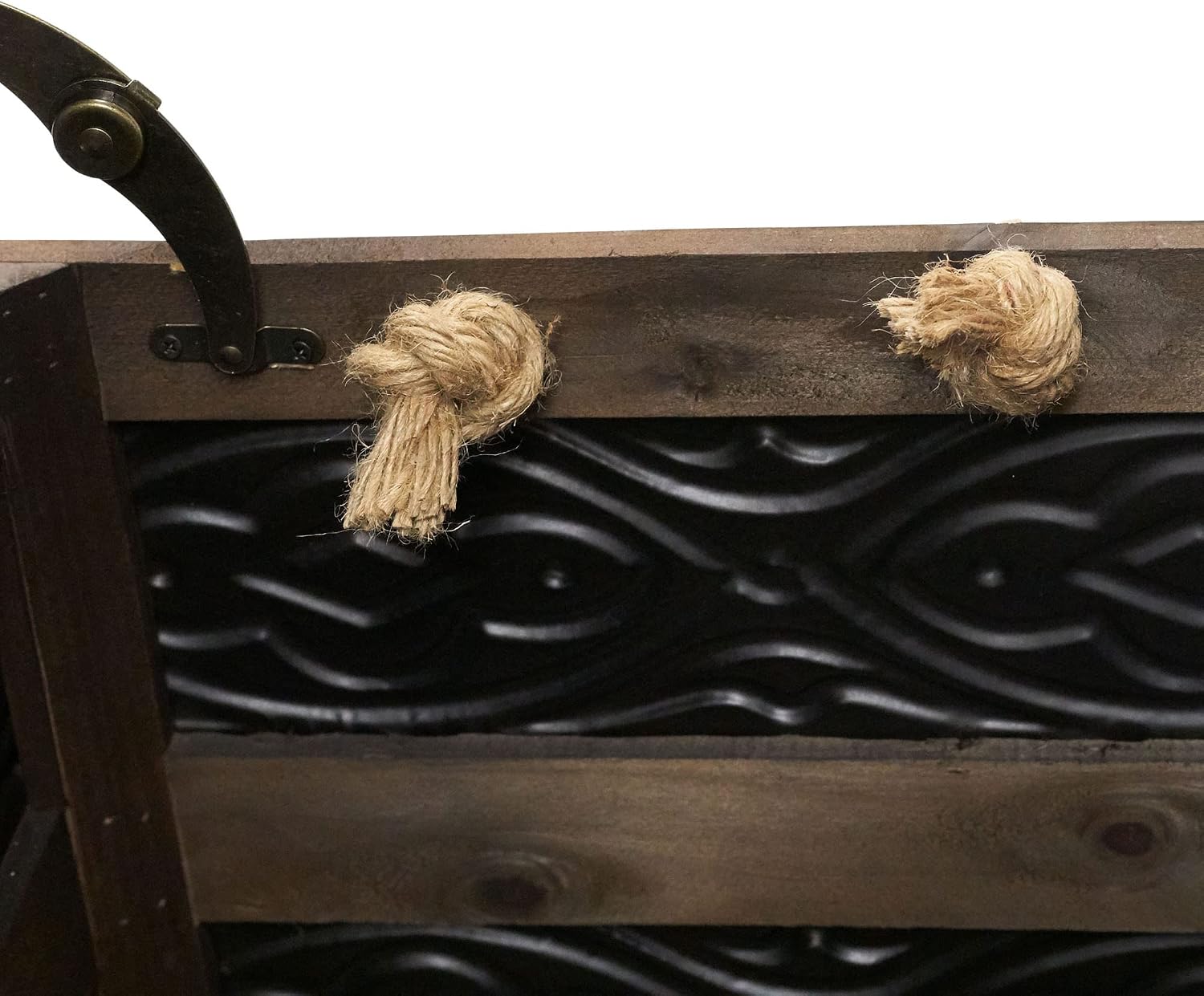 Household Essentials Decorative Trunk, Embossed Metal, Small, Chinese Fir Wood, Darkened Interior, Rope Handles, Flat and Fully Opening Lid, Handmade, Walnut and Almond Stain