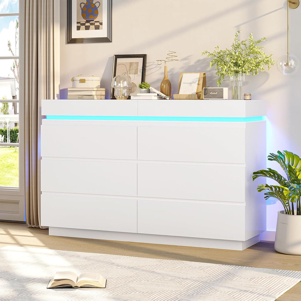 DICTAC Modern 6 Drawers White Dresser with Sliding Desktop, Wide Chest of Drawers with Charging Station & LED Lights, Large Storage Tower Clothes Organizer, White Dresser for Bedroom