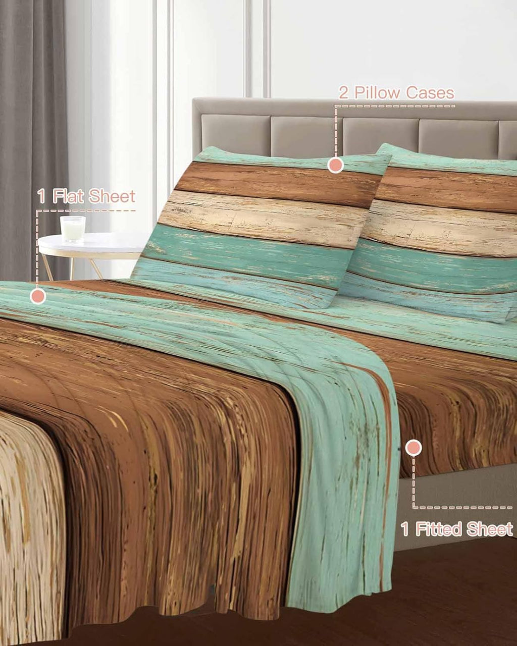 Farmhouse Teal Blue Brown Cal King Sheet Set 4 Piece Bedding - Vintage Wooden Striped Breathable Comfy Cooling Bed Sheets & Pillowcase Sets, Hotel Luxury Flat Sheets Deep Pockets Fitted Sheet