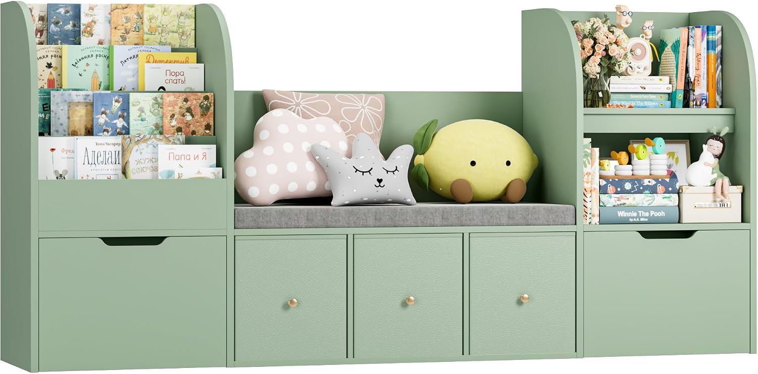 FOTOSOK 71' Kids Bookshelf with Reading Nook, Toy Storage Organizer with Seat Cushion and 2 Movable Drawers & 3 Fabric Toy Chests, Kids Reading Nook Toy Organizers and Storage with Bench for Playroom