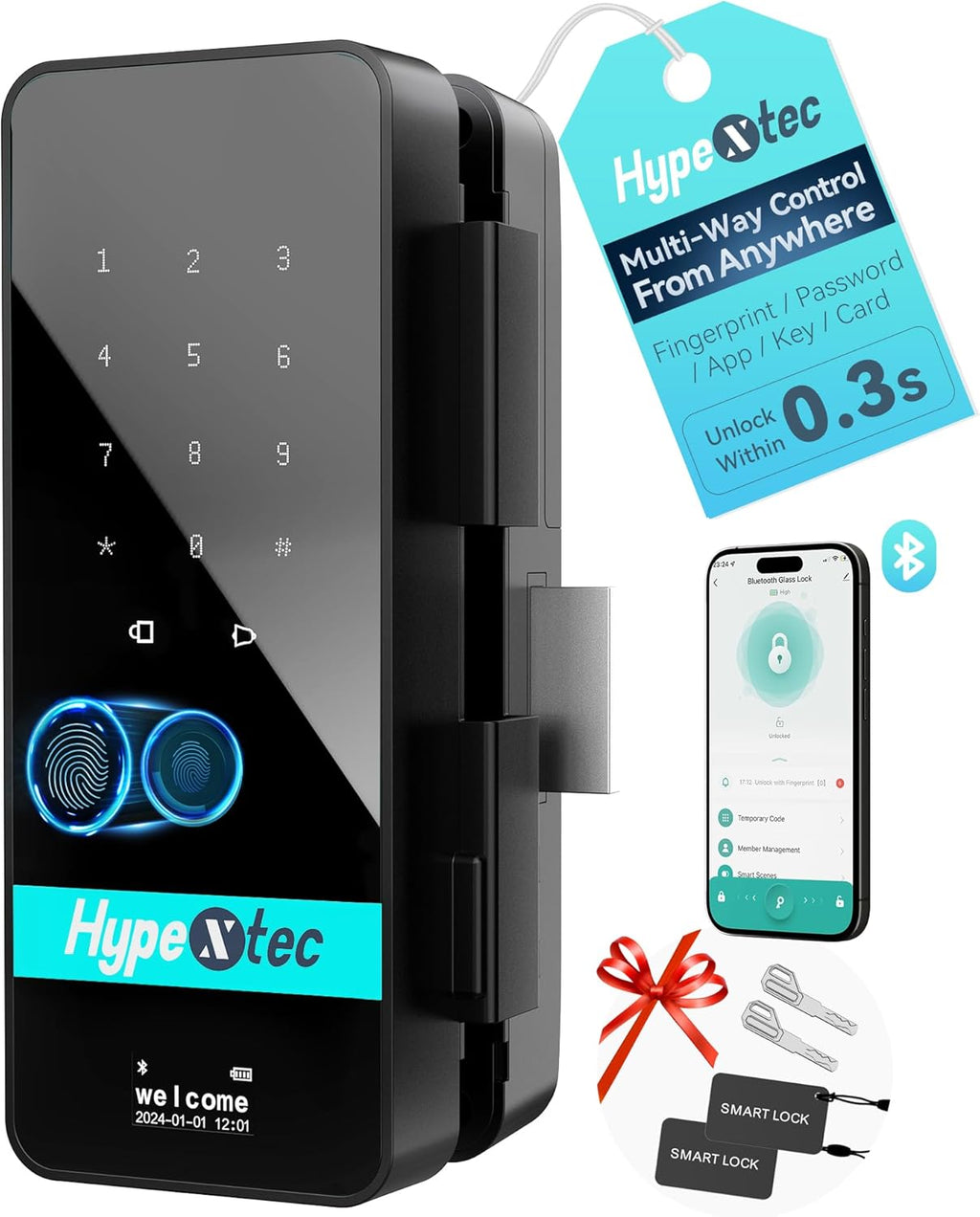 2026 No-Drill Smart Glass Lock for Frameless Doors,Auto-Reversal Keyless Entry Gate Locks with 5 Unlock Ways,Bluetooth App Control/Fingerprint/IC Card/Password/Keys,Home Office Business