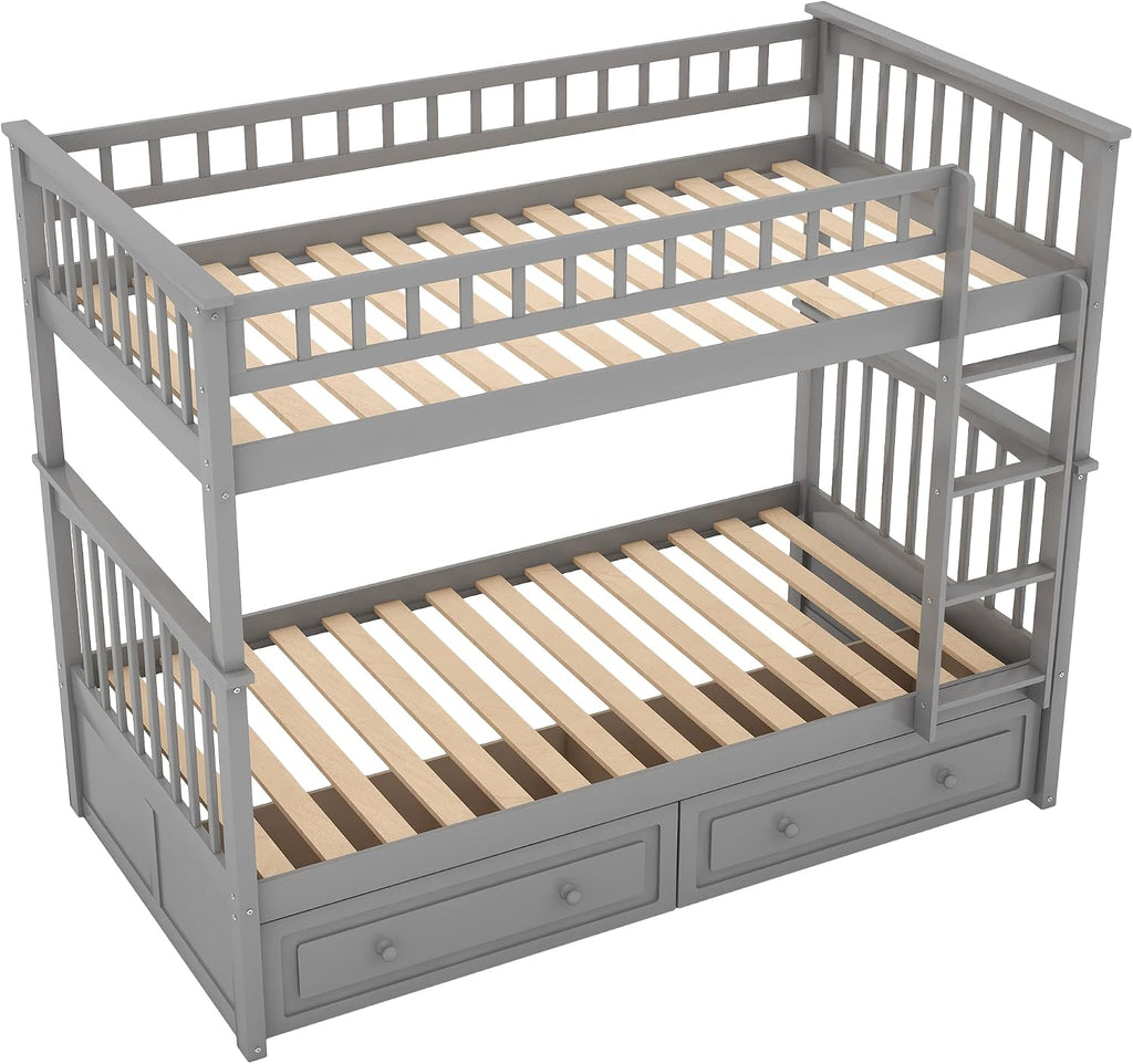 Twin Over Twin Wood Bunk Bed with Two Storage Drawers, Solid Wood Convertible Storage Bunk Bed Can Be Convertible to 2 Beds, Frame with Ladder, Safety Rail for Teens Adults (Gray)