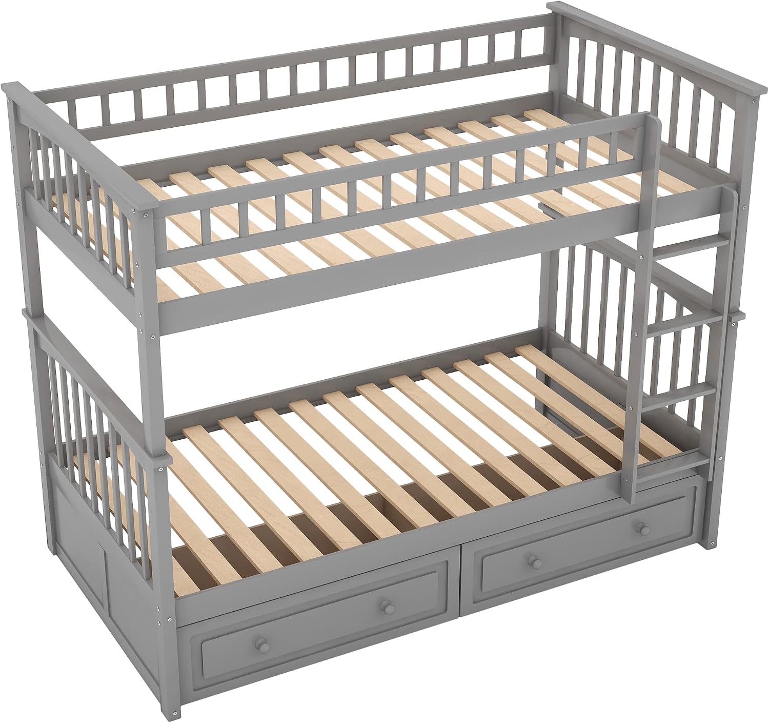 Twin Over Twin Wood Bunk Bed with Two Storage Drawers, Solid Wood Convertible Storage Bunk Bed Can Be Convertible to 2 Beds, Frame with Ladder, Safety Rail for Teens Adults (Gray)