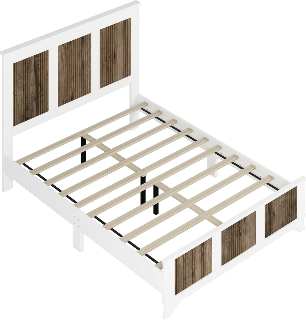 JIVOIT Farmhouse Wooden Platform Bed, Queen Size Platform Bed with Wooden Strip Decoration Headboard and Footboard, Plywood Slats Support, No Box Spring Required (White,Queen,268)