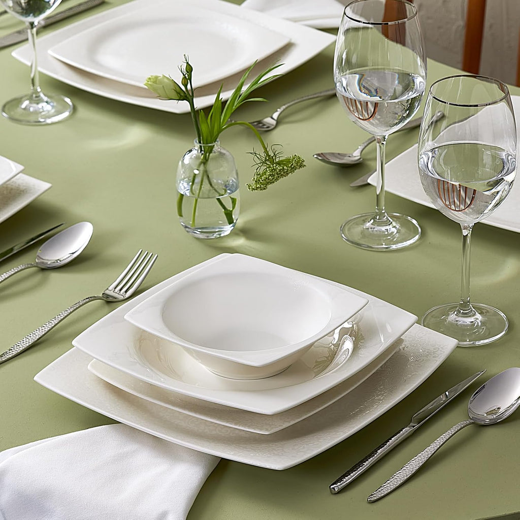 Karaca New Flava 24-Piece Porcelain Dinnerware Set for 6, White Dish Set with Dinner Plates, Pasta Bowls, Salad Plates & Soup Bowls, Kitchen Tableware Set