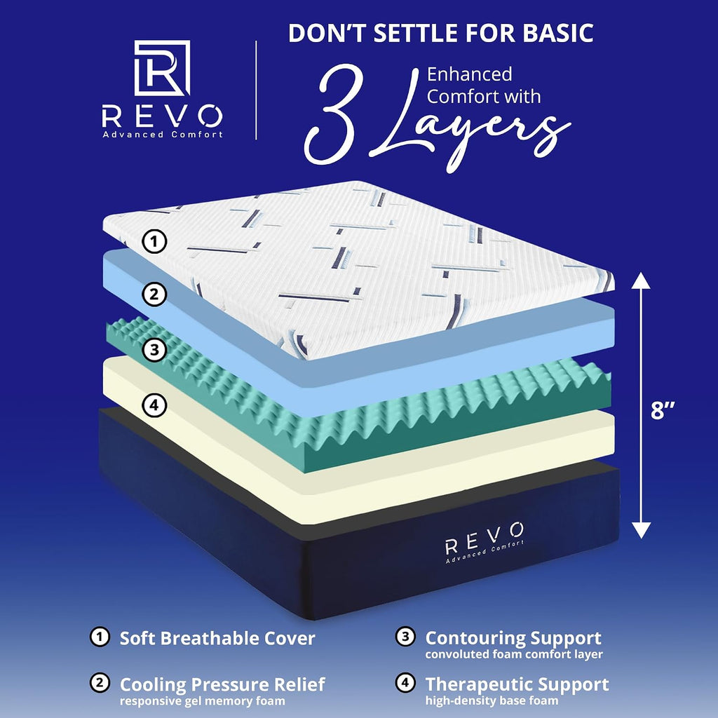 REVO Sleep Gel Memory Foam Mattress, 8-Inch Queen – Cooling, Supportive Gel Foam Mattress for Pressure Relief and Breathable Comfort – Compact Profile, Big Comfort