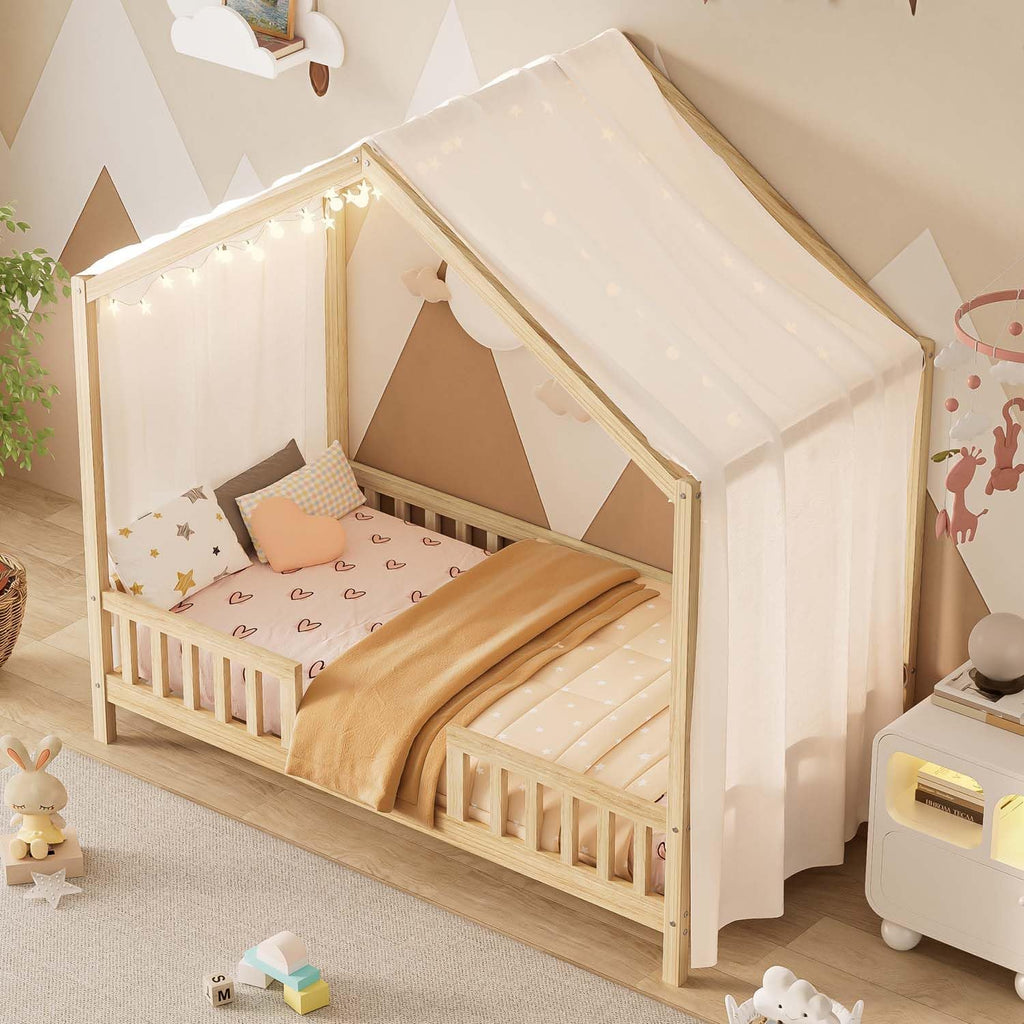 Cute Montessori Bed Frame Twin Size with Canopy, Low Profile House Shape Bed with Safety Railing & Wood Slat Support, Kids Playhouse Bedframes for Boys Girls (Natural, Twin)