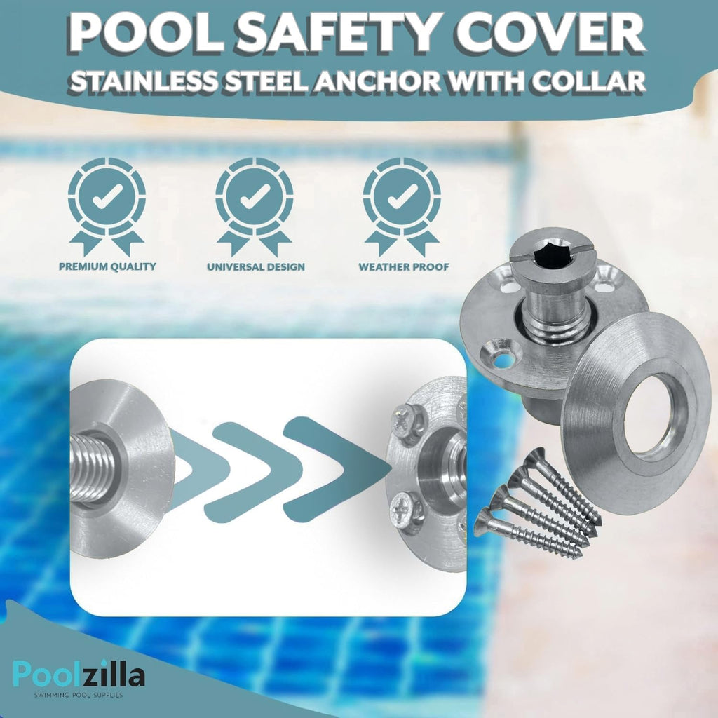 Poolzilla Pool Safety Cover Stainless Steel Anchor with Collar for Wood Decks - 25 Pack - Universal Fit